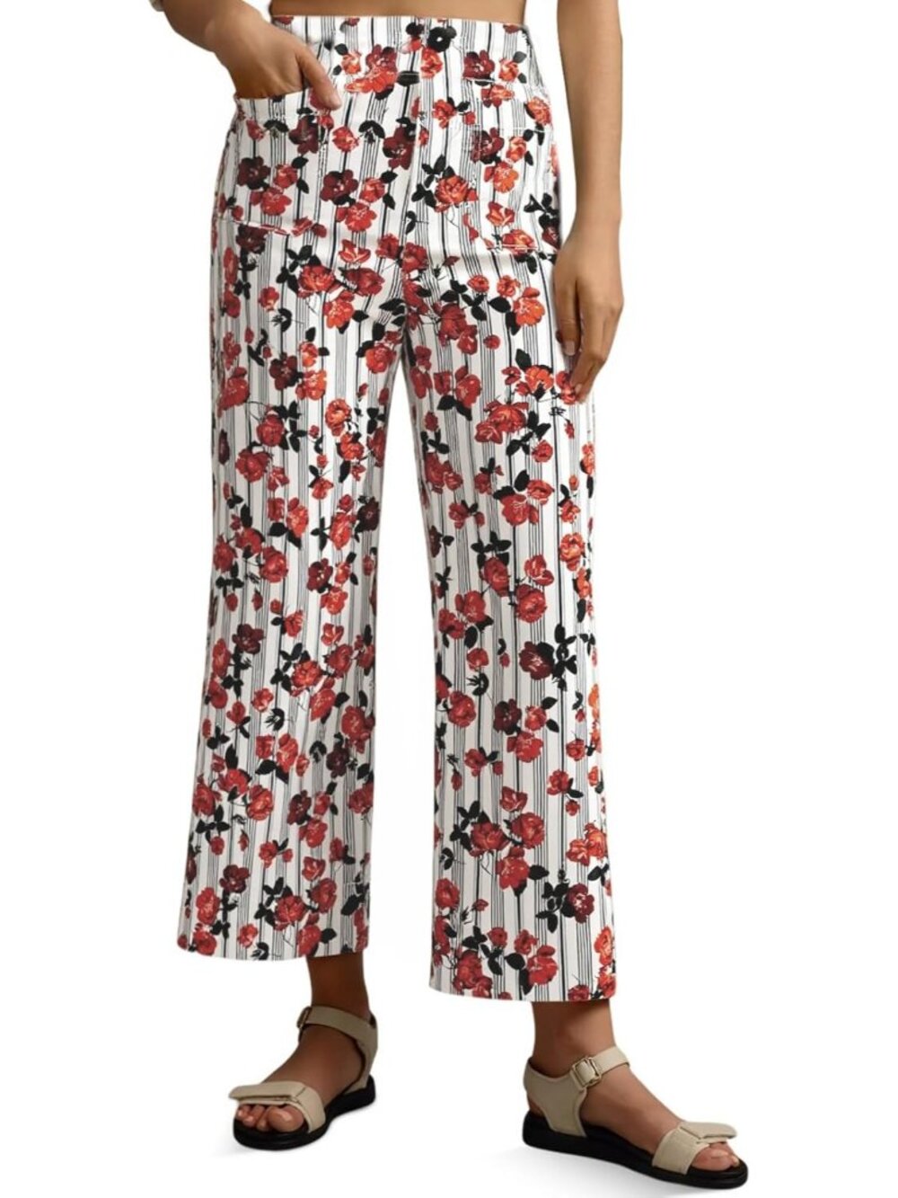 Women's Multi Color Cropped Striped Jeans High Waisted Wide Leg Denim Pants